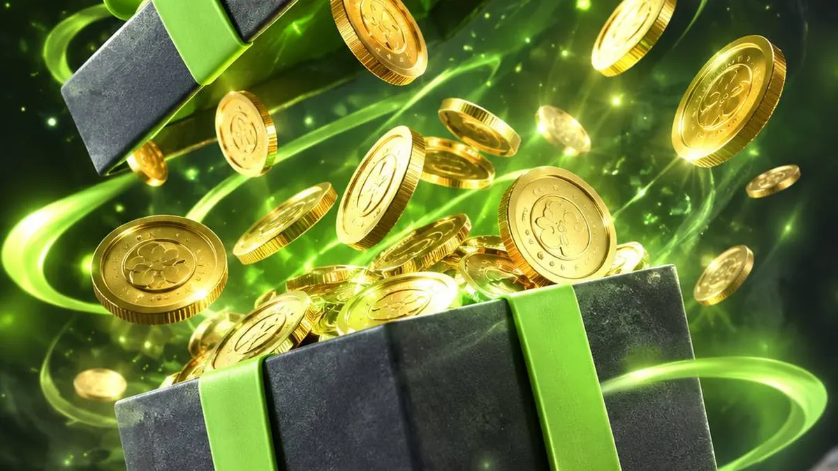 Kotak hadiah terbuka dengan koin emas berhamburan keluar