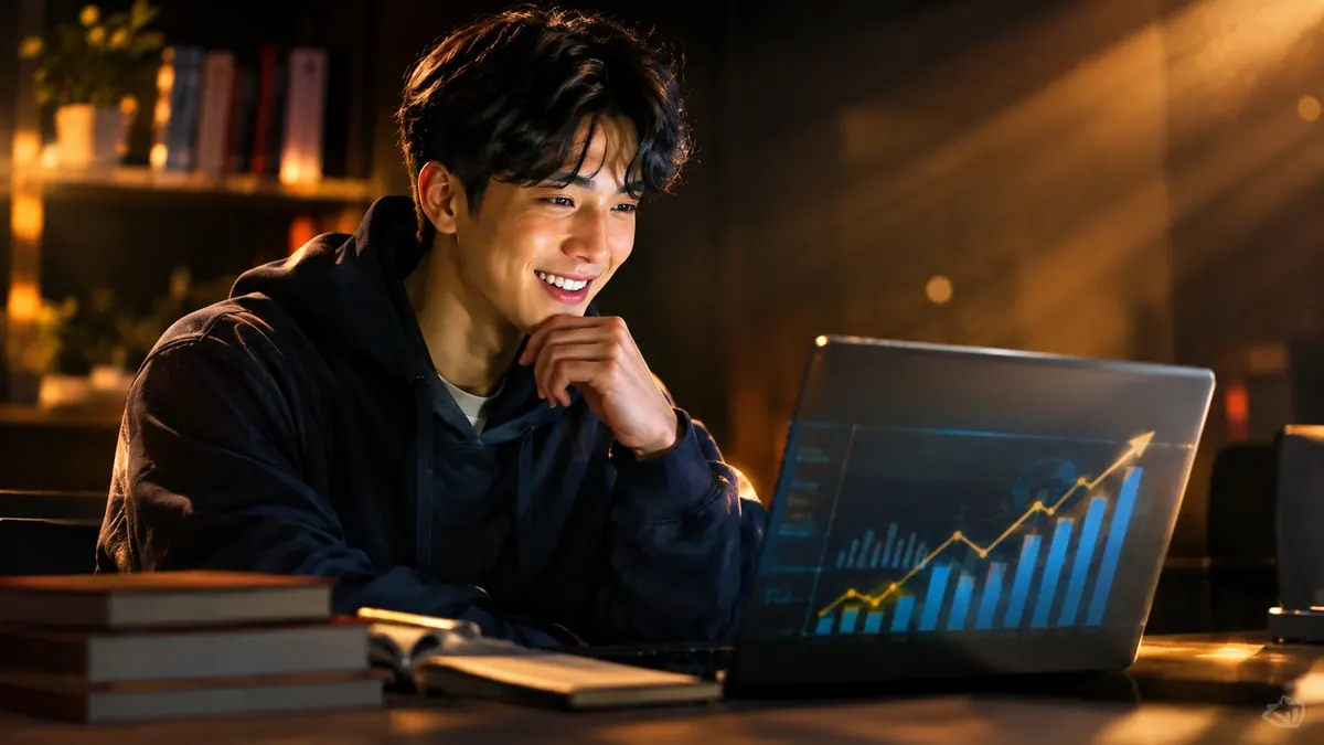 Pemuda tersenyum memandang grafik naik di layar laptop di ruang belajar